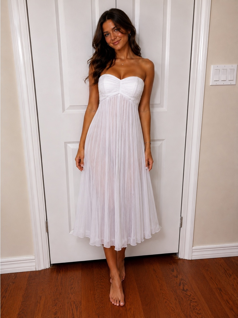 Strapless White Pleated Maxi Dress